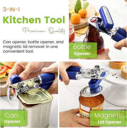 Spring Chef Stainless Steel Can Opener - Manual with Soft Grip Handles, Easy Turn, Heavy Duty Hand Can Openers for Seniors with Smooth Edge - Magnetic Lid Remover - Black