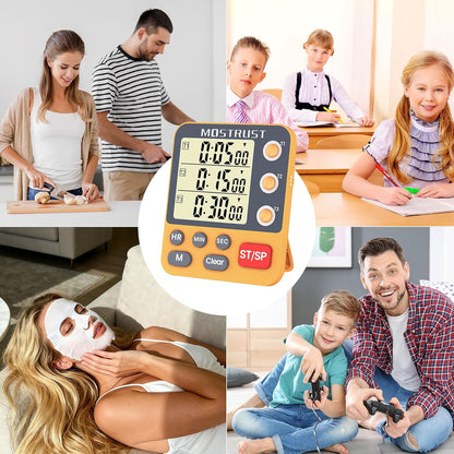 Digital Dual Kitchen Timer, 3 Channels Triple Countdown Timer for Cooking, Magnetic Memory-Preset Large Display Adjustable Volume, Multi Time Management, 3A Battery Included, Black