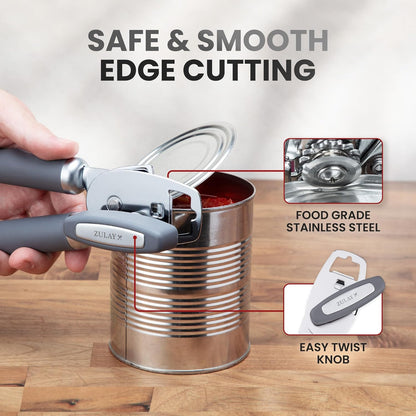 Zulay Kitchen Heavy Duty Stainless Steel Can Opener Manual with Bottle Opener - Rust Proof Manual Can Opener With Turn Knob & Comfy Soft Grip Handles - Black