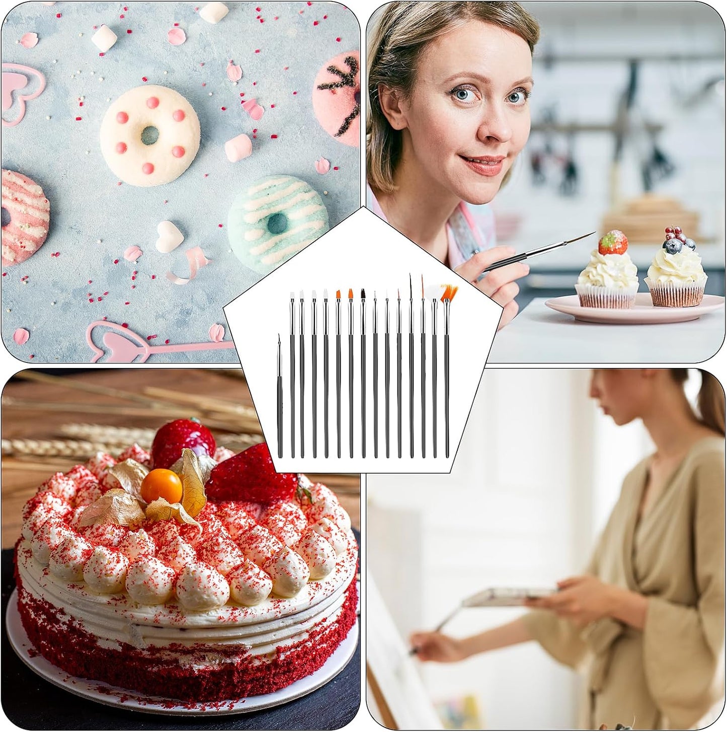 Aster 15Pcs Cake Decorating Brushes, Cake Painting Brushes Kit Food Safe Paint Brushes Multiple Function Cookie Brushes Fondant Sugar DIY Tool Set Candy Icing Pastry Brush for Baking(White)