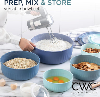 COOK WITH COLOR Prep Bowls with Lids- Wide and Deep Nesting Plastic Small Mixing Bowl Set with Lids, 8 Piece Set - Wide Bowls, Blue