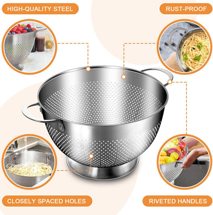 Stainless Steel Colander for Kitchen | 5 Quart Durable Rice and Pasta Strainer with Handle | Oversized Handles | Nesting Design | Rust-Resistant & Dishwasher Safe