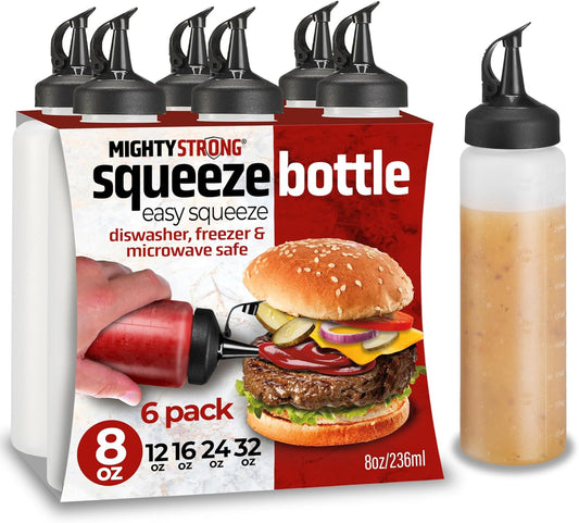 MIGHTY STRONG 4 Pack Condiment Squeeze Bottles 24 Oz –Easy Pour Sauce Bottle With Leak Proof Snap Cap, Plastic Squeeze Bottles For Sauces, Condiment Containers, clear