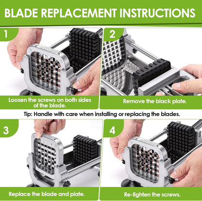 Manual French Fry Cutter for Potatoes with Interchangeable Blades, Handheld Stainless Steel Potato Slicer for Home and Commercial Use (1/2'' & 3/8'' & 1/4'')