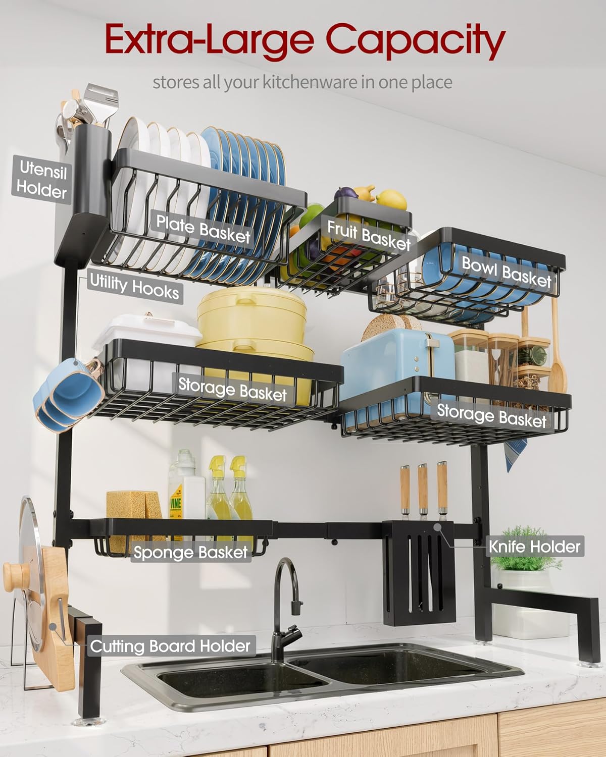 Sakugi Over The Sink Dish Drying Rack, Expandable 2-Tier Stainless Steel Kitchen Storage Organization Accessories for Countertop, Rustproof & Space-Saving, 30"–34.5" L x 12" W x 25" H, Black