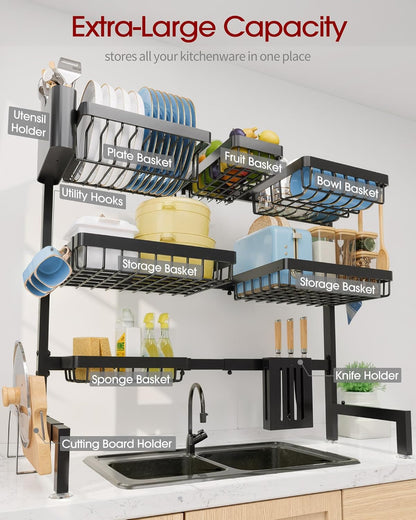 Sakugi Over The Sink Dish Drying Rack, Expandable 2-Tier Stainless Steel Kitchen Storage Organization Accessories for Countertop, Rustproof & Space-Saving, 30"–34.5" L x 12" W x 25" H, Black