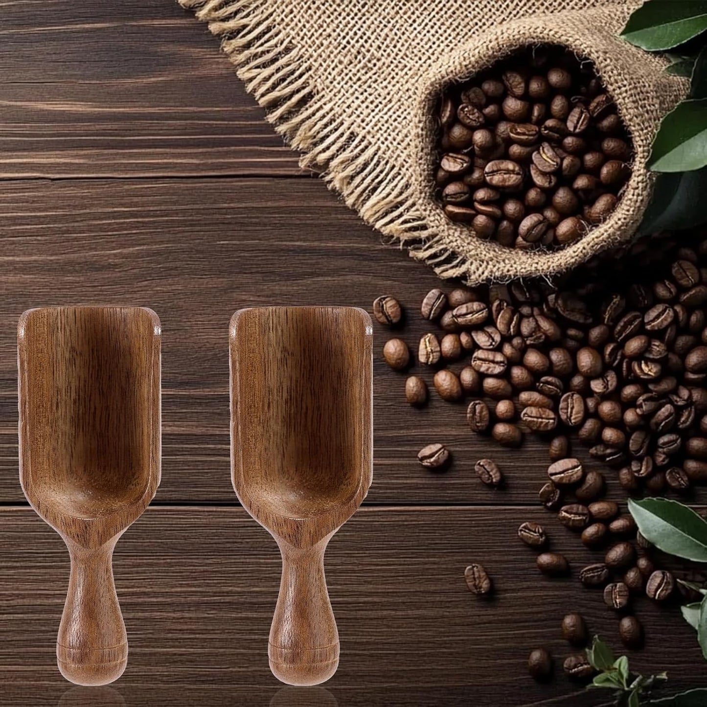2pcs Mini Acacia Wood Coffee Spoons, Multipurpose Tablespoon Scoops Small Wooden Measuring Spoons Kitchen Tool for Jars Canisters Containers Ground Coffee Bean Sugar Spices