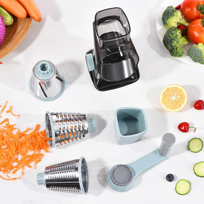 Rotary Cheese Grater with Handle Kitchen Shredder Slicer Grater Slicer Ice Shaver Cheese Vegetable Nuts Potato Zucchini Chocolate 3 Interchangeable Blades (Dark Grey TSP)