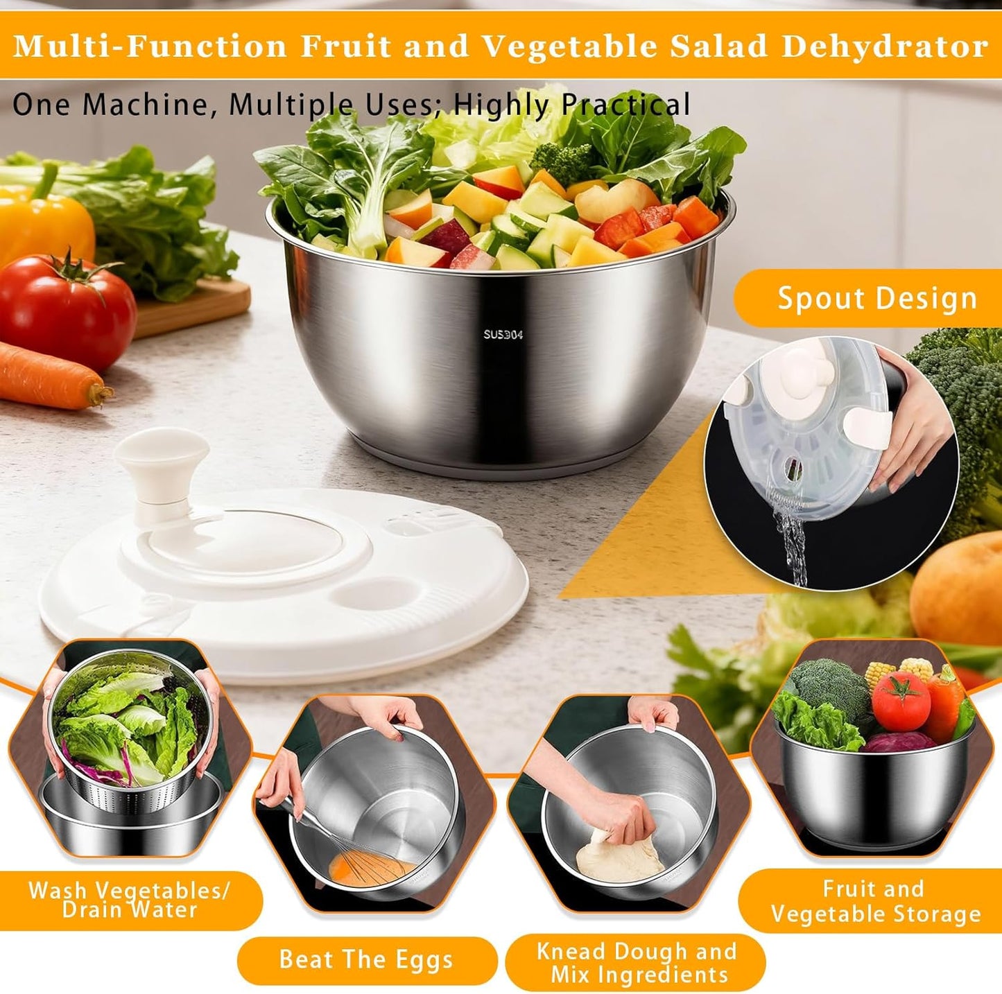 Salad Spinner Stainless Steel, Metal Salad Spinner, Salad Spinner Large, 6l With Pp Cover, Essential Kitchen Tool for Dehydrating Lettuce, Fruits and Vegetables, Pasta, and French Fries