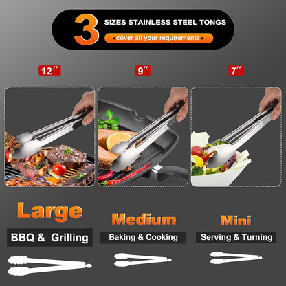 Anaeat Non-Stick Silicone Locking Tong Set of 3 - Stainless Steel 7", 9", 12" Kitchen Food Tongs with Non-Slip Silicone Tips and Grip for Cooking, Baking and BBQ - Heat Resistant up to 480°F (Black)