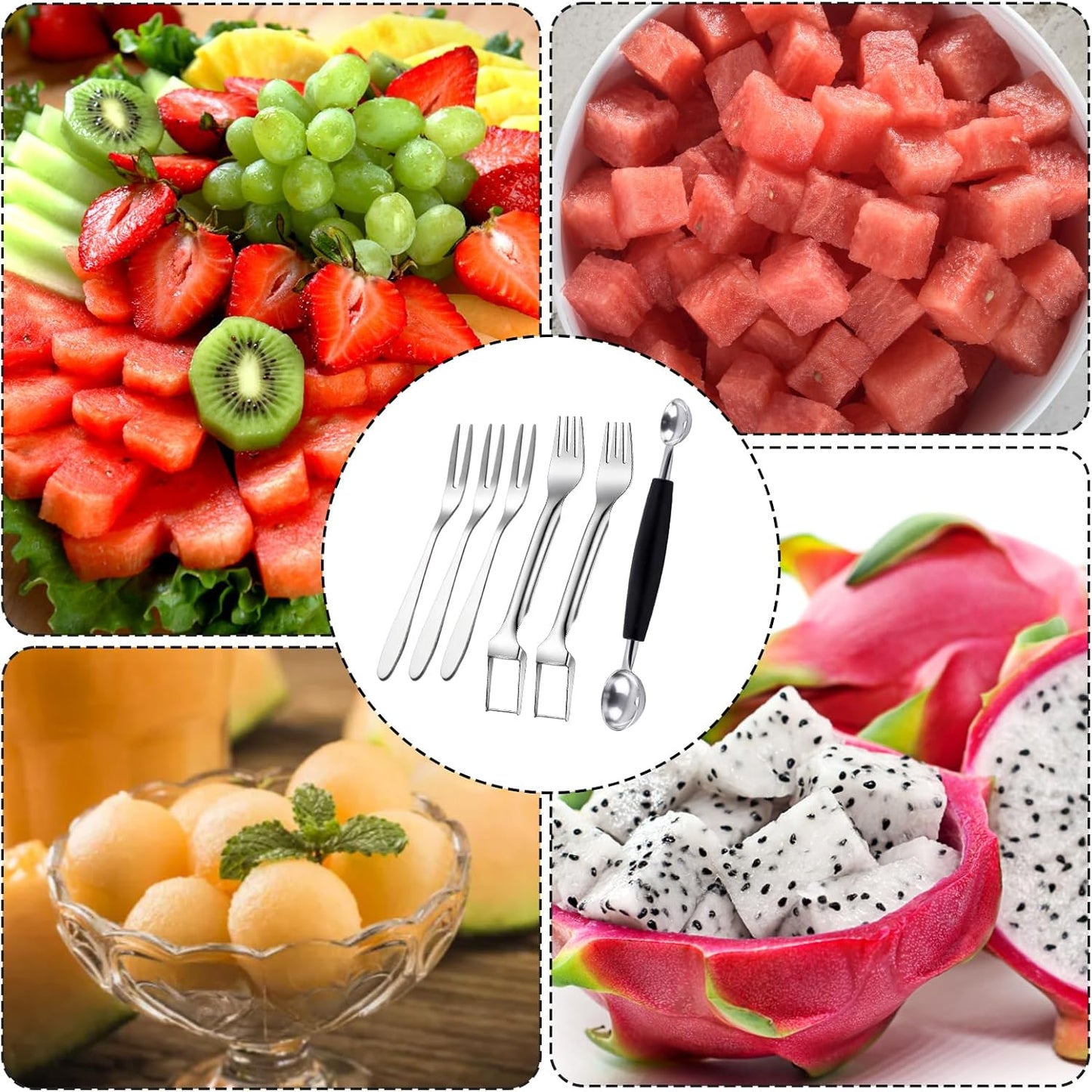 Watermelon Slicer Cutter, 6-Piece Fruit Serving Utensils for Kitchen, Watermelon Slicer with Melon Baller Scoop and Fruit Forks, Easy to Use and Clean