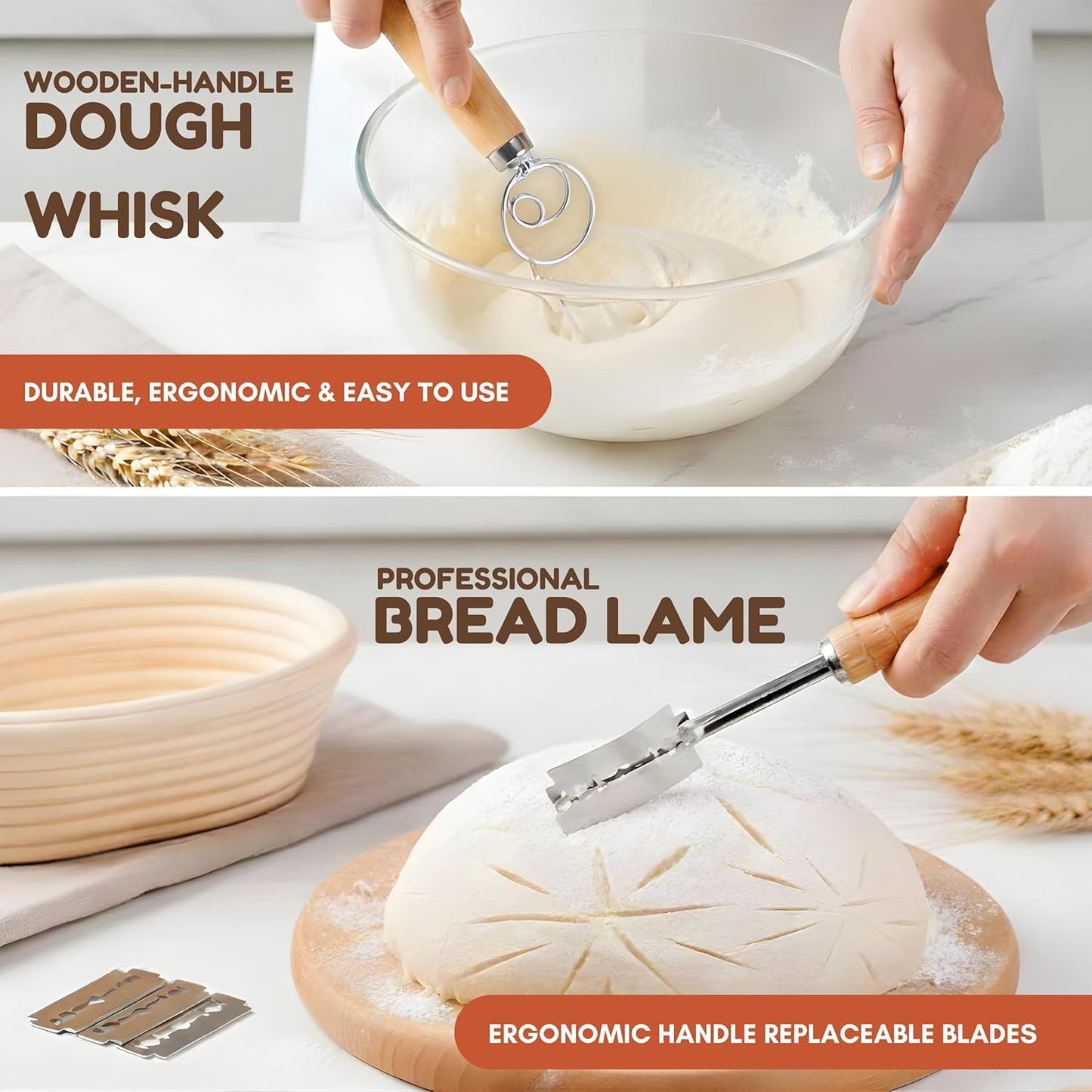 EROIR 13" Danish Dough Whisk Bread Lame Bowl Scraper Set - Dutch Sourdough Whisk Double Eye, Dough Scraper, Bread Scorer with 10 Blades and Leather Cover