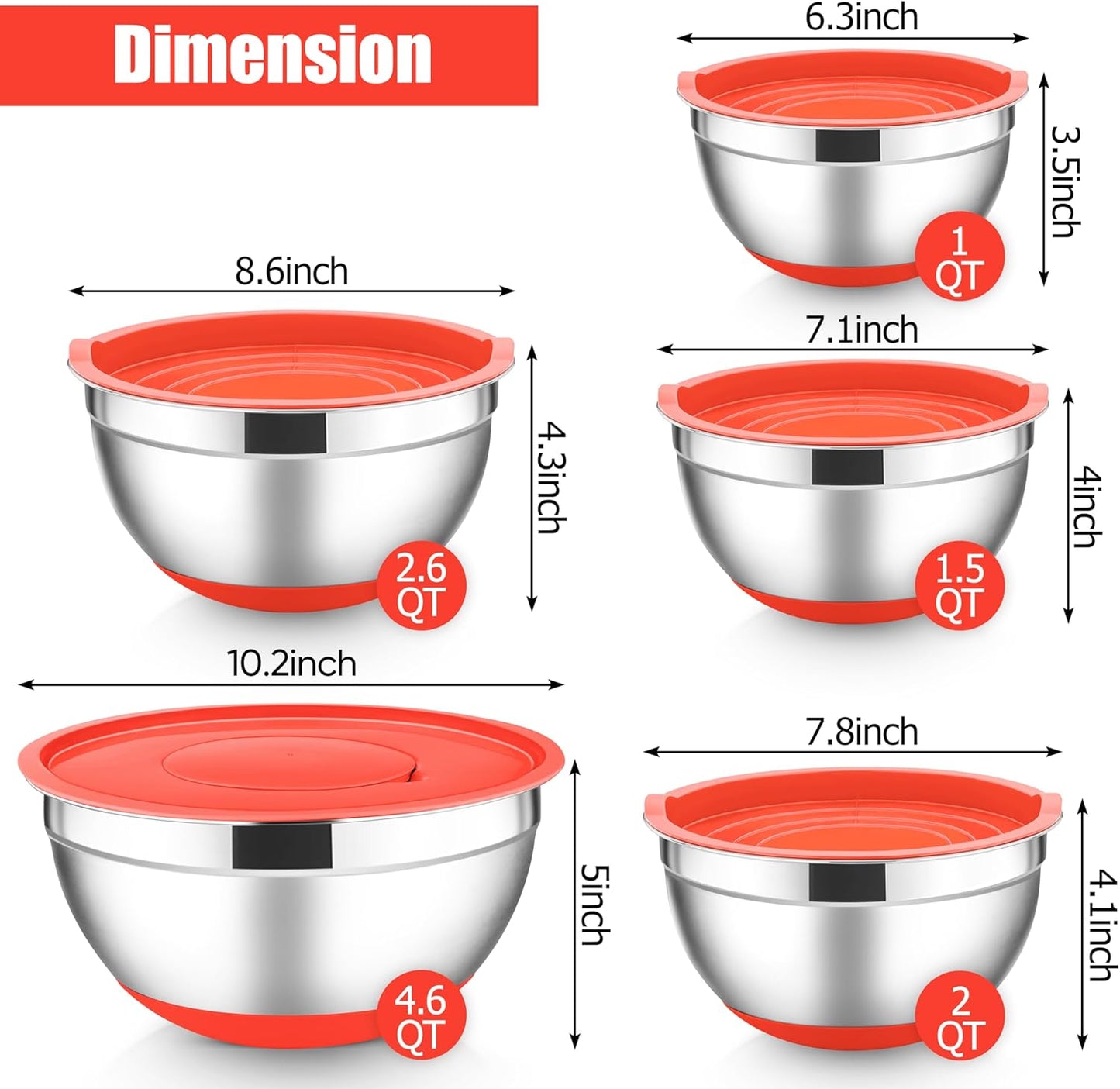 E-far Stainless Steel Mixing Bowls with Lids Set, 5-Piece Nesting Salad Bowls with 3 Grater Attachments and Non-Slip Bottoms, Size 4.6, 2.6, 2, 1.5, 1QT for Kitchen (Black)