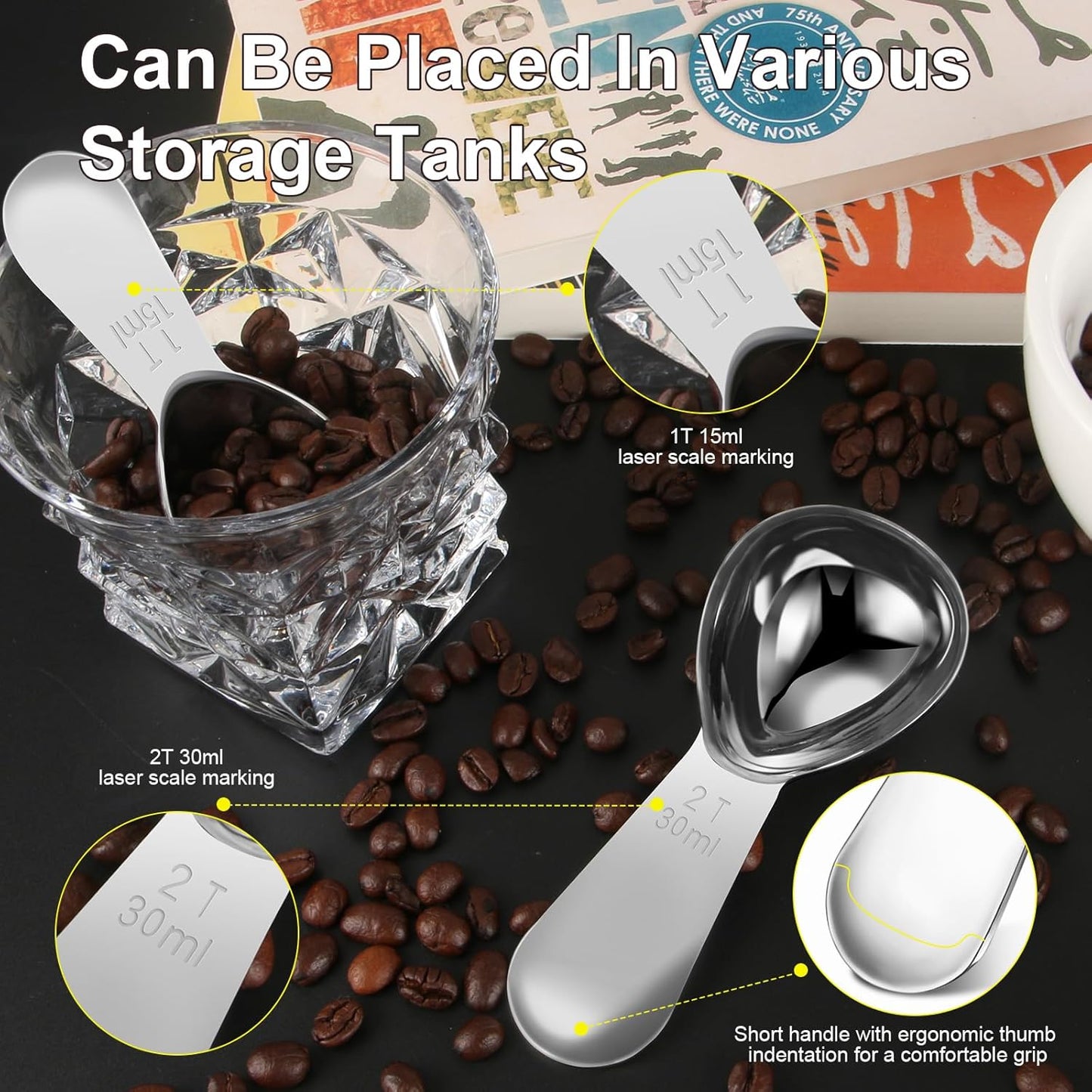 Safring Coffee Scoop Set, Tablespoon Scoop 2 Pc Set (1 Tbsp & 2 Tbsp), Stainless Steel Measuring Spoons for Ground Coffee with Short Handles, for Tea, Sugar, or Flour