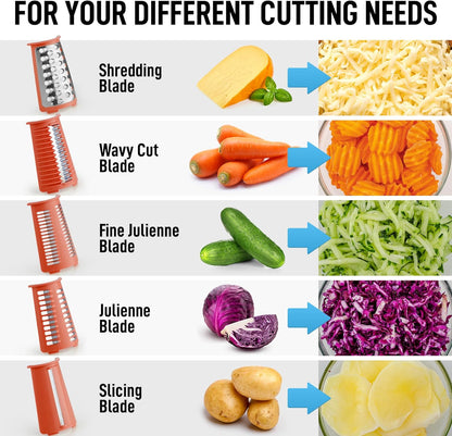 Zulay Kitchen Rotary Cheese Grater 5 Blade Cheese Shredder - Manual Hand Crank Cheese Grater With Reinforced Suction & 5 Interchangeable Drums - Easy to Use, Vegetable Chopper Round Mandoline Slicer - Colors A