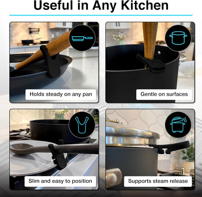 Nottaslip Utensil Prong Pot Spoon Holder - Premium Silicone Spoon Rest - Heat-Resistant to 550°F, BPA-Free, Dishwasher Safe Utensil Pot Clip, Fits Most Pots & Pans - Non-Slip Silicone - 2PK, Black