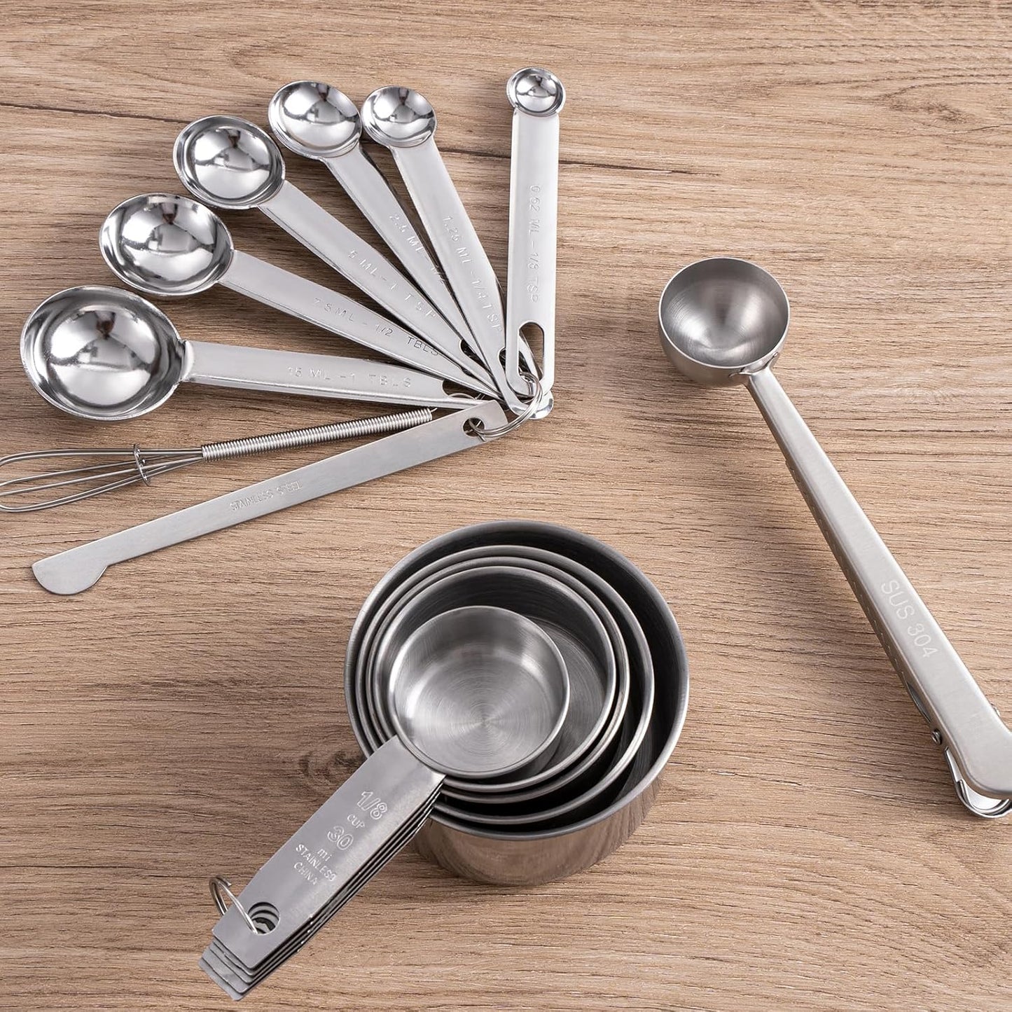 14 Piece Measuring Cups and Spoons Set Stainless Steel - 5 Nesting Measuring Cups & 6 Measuring Spoons, 1 Coffee Scoop & 1 Leveler & 1 Mini Blender for Cooking Baking