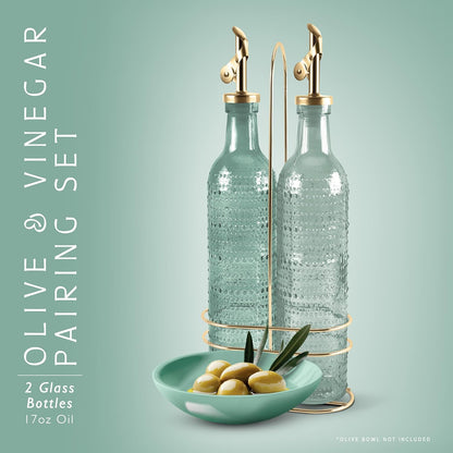 COOK WITH COLOR Glass Olive Oil Bottle Dispenser - 2 Pack- 17oz Oil and Vinegar Cruet - Olive Oil Carafe Decanter for Kitchen, Elegant Waves, Clear