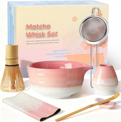 Matcha Whisk Set, Ceramic Matcha Kit Desert Style, Matcha Whisk and Bowl, Bamboo Scoop and Rest, Sifter and Tea Towel, 7 Pcs Gifts for Matcha Lover - Matte Black
