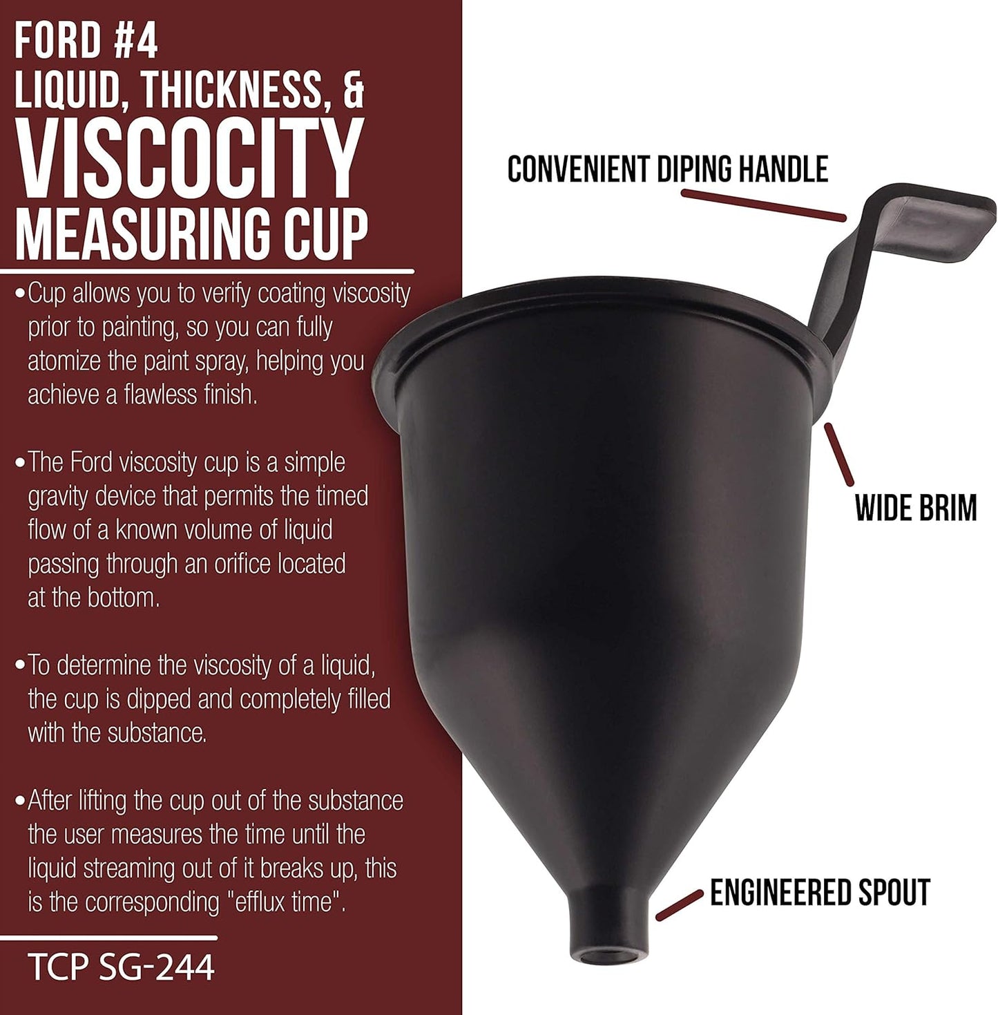 TCP Global Brand SG244 Liquid Thickness & Viscosity Measuring Cup Ford # 4 Four, Viscosimeter to Measure Paint