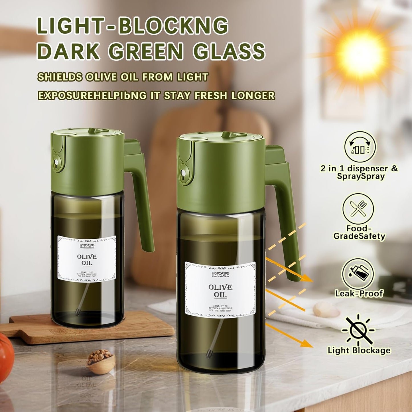 Glass 2 In 1 Olive Oil Dispenser Bottle for Kitchen Gadgets, Olive Oil Sprayer for Cooking 17oz/500ml (Light Blockage, Green)