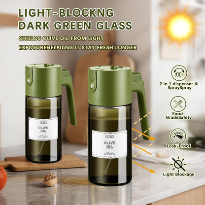 Glass 2 In 1 Olive Oil Dispenser Bottle for Kitchen Gadgets, Olive Oil Sprayer for Cooking 17oz/500ml (Light Blockage, Green)