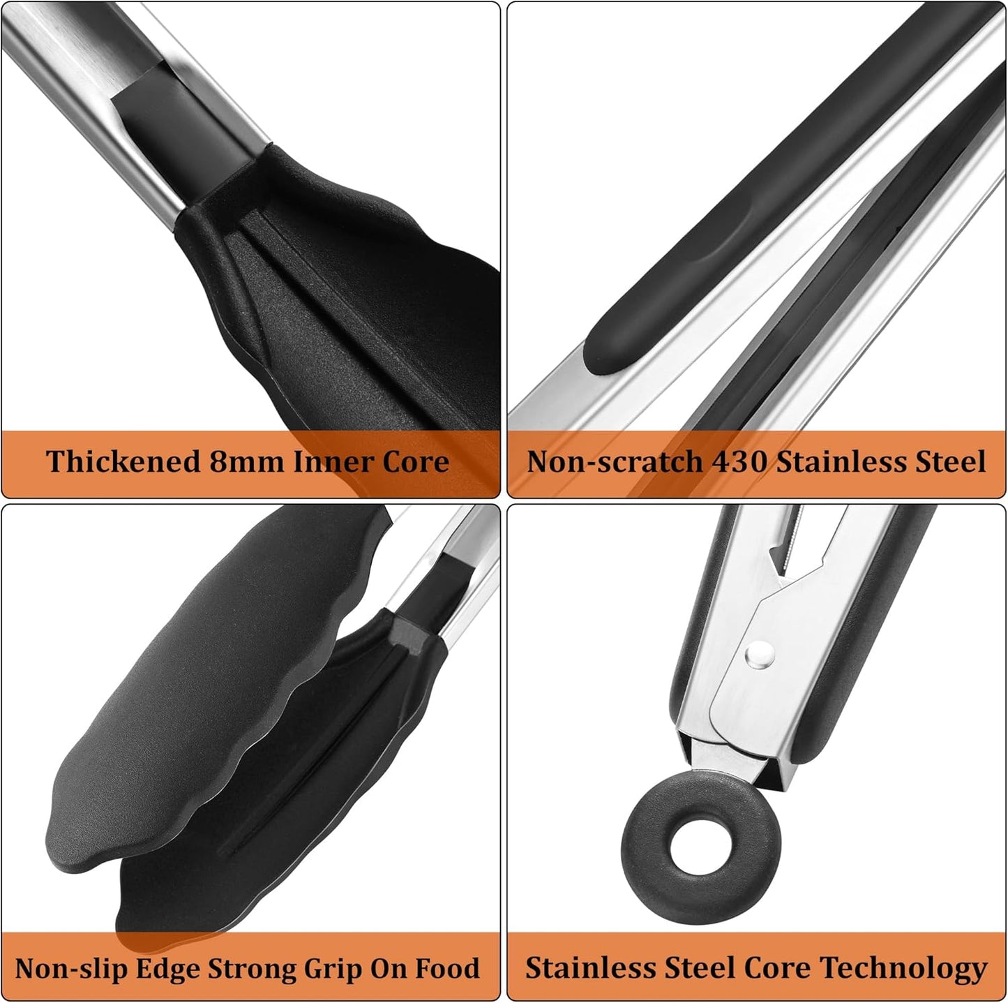 4 PCS Kitchen Tongs with Silicone Tips, 9 & 12-Inch Heat Resistant Silicone Tongs for Cooking Stainless Steel Spaghetti Tong Pasta Tong for Serving Food, Spaghetti, Pasta, BBQ, Salad (4PCS)