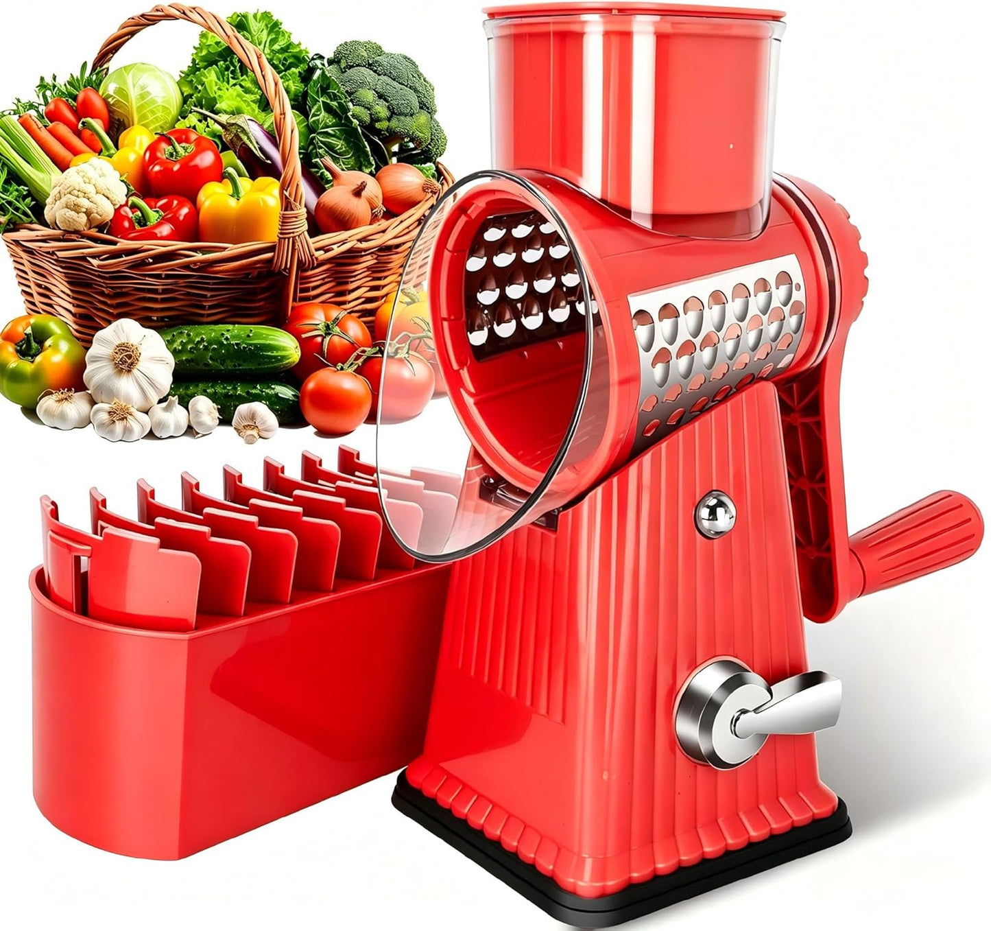 Rotary Cheese Grater with 5 Well-designed Blades & Strong Suction Base, Kitchen Mandoline Vegetable Slicer with Blade Storage Box (GREEN)