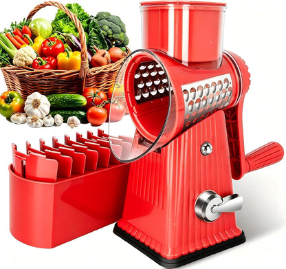 Rotary Cheese Grater with 5 Well-designed Blades & Strong Suction Base, Kitchen Mandoline Vegetable Slicer with Blade Storage Box (GREEN)