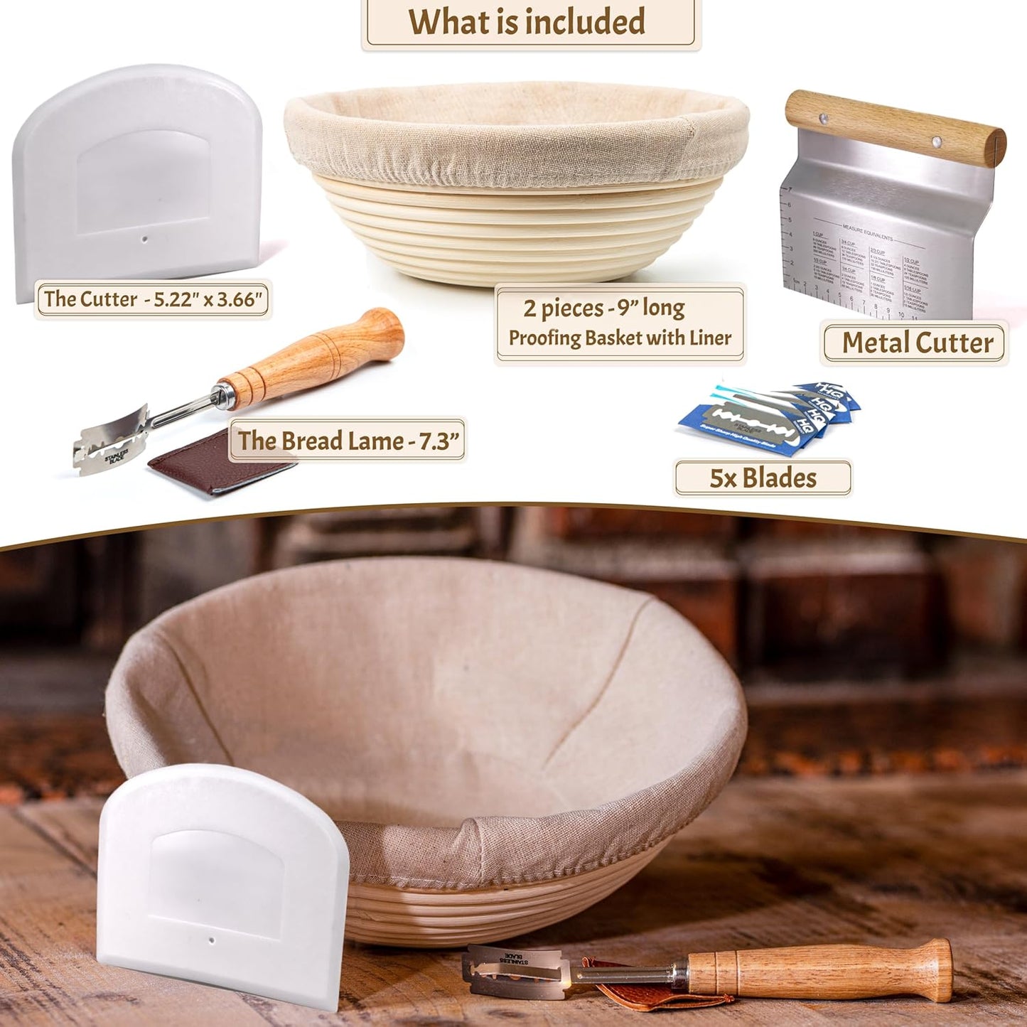 CRISS ELITE 11" Oval Banneton Proofing Basket Set of 2 - Sourdough Starter Kit with Bread Lame, Danish Whisk, Metal & Bowl Scrapers, Cleaning Brush - Professional Artisan Baker Gift Set