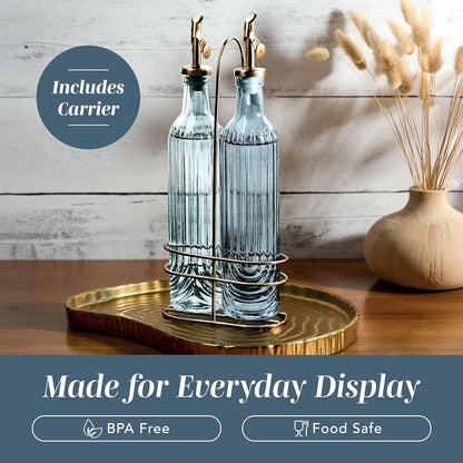COOK WITH COLOR Glass Olive Oil Bottle Dispenser - 2 Pack- 17oz Oil and Vinegar Cruet - Olive Oil Carafe Decanter for Kitchen, Elegant Waves, Clear