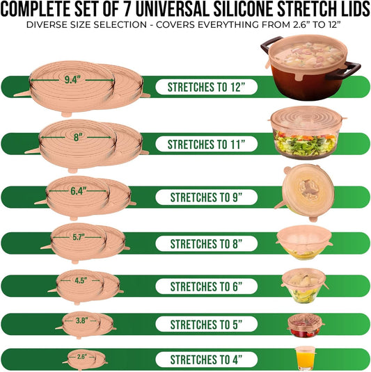 Reusable Silicone Stretch Lids for Food Storage in Fridge - Elastic Heat-Resistant Bowl Covers, Cups, Cans, Jars - Universal Food Grade Lid for Round and Rectangle Containers - Dishwasher Safe -7 Pack