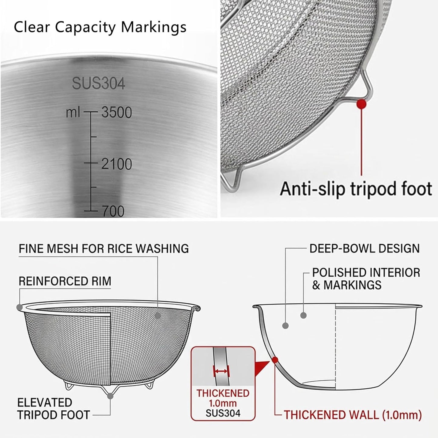 3.5QT Stainless Steel strainer bowl Set, Rice Washing Bowl with SUS304 Food Grade Metal Mixing Bowl with Measurement Marks, Large Fruit Washing Bowl for Rice, Quinoa, Pasta, Vegetables,2 Pack