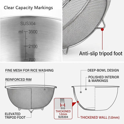 3.5QT Stainless Steel strainer bowl Set, Rice Washing Bowl with SUS304 Food Grade Metal Mixing Bowl with Measurement Marks, Large Fruit Washing Bowl for Rice, Quinoa, Pasta, Vegetables,2 Pack
