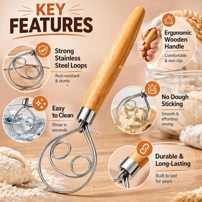 Danish Dough Whisk for Sourdough Bread – Stainless Steel Manual Dough Mixer with Wooden Handle 13 Inch Bread Mixing Tool for Pizza Baking & Artisan Dough