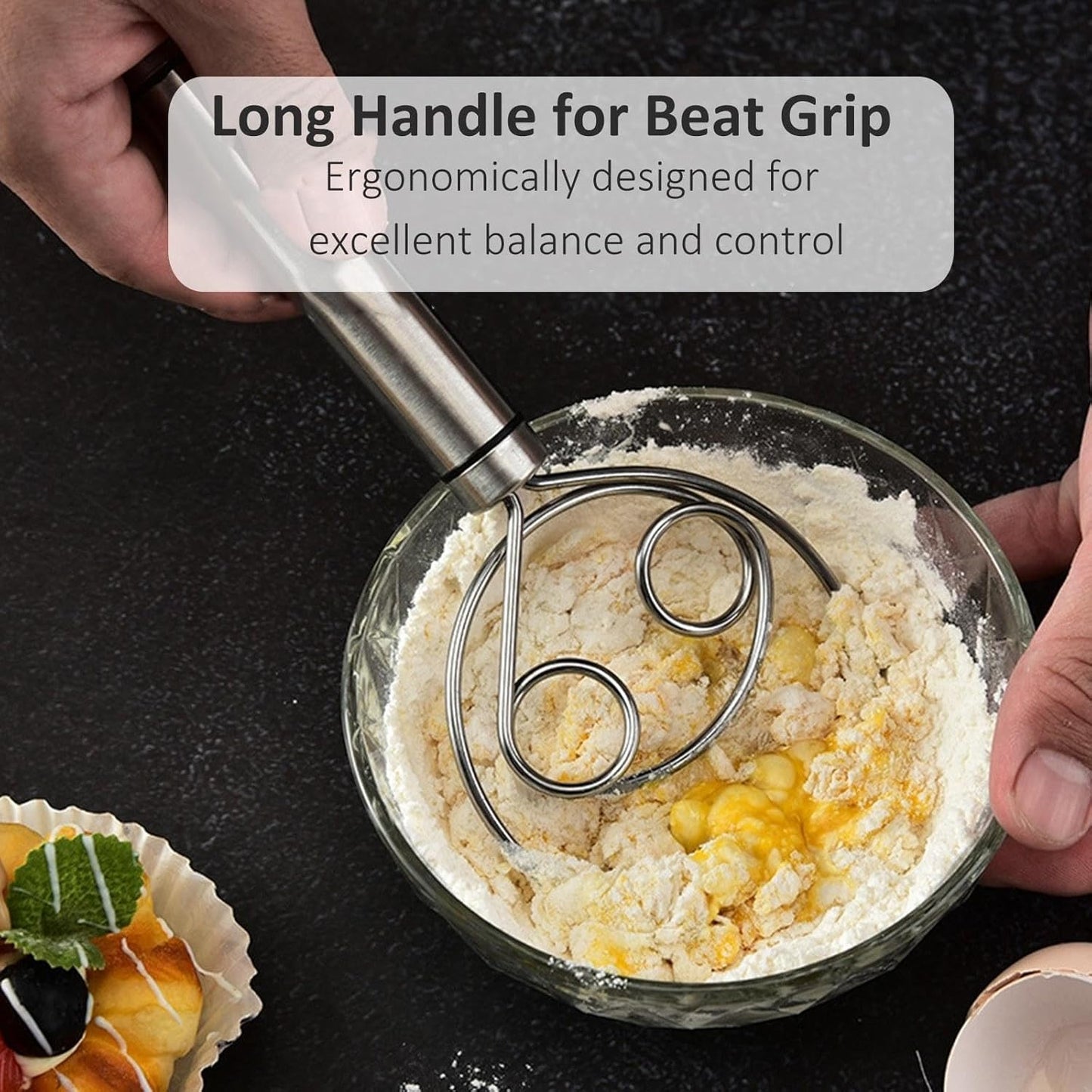 1PCS Stainless Steel Danish Whisk & Bread Whisk - 304 Steel Egg Beater & Dough Mixing Tool with Double Coil - Professional Baking Tool for Pastry & Bread Making