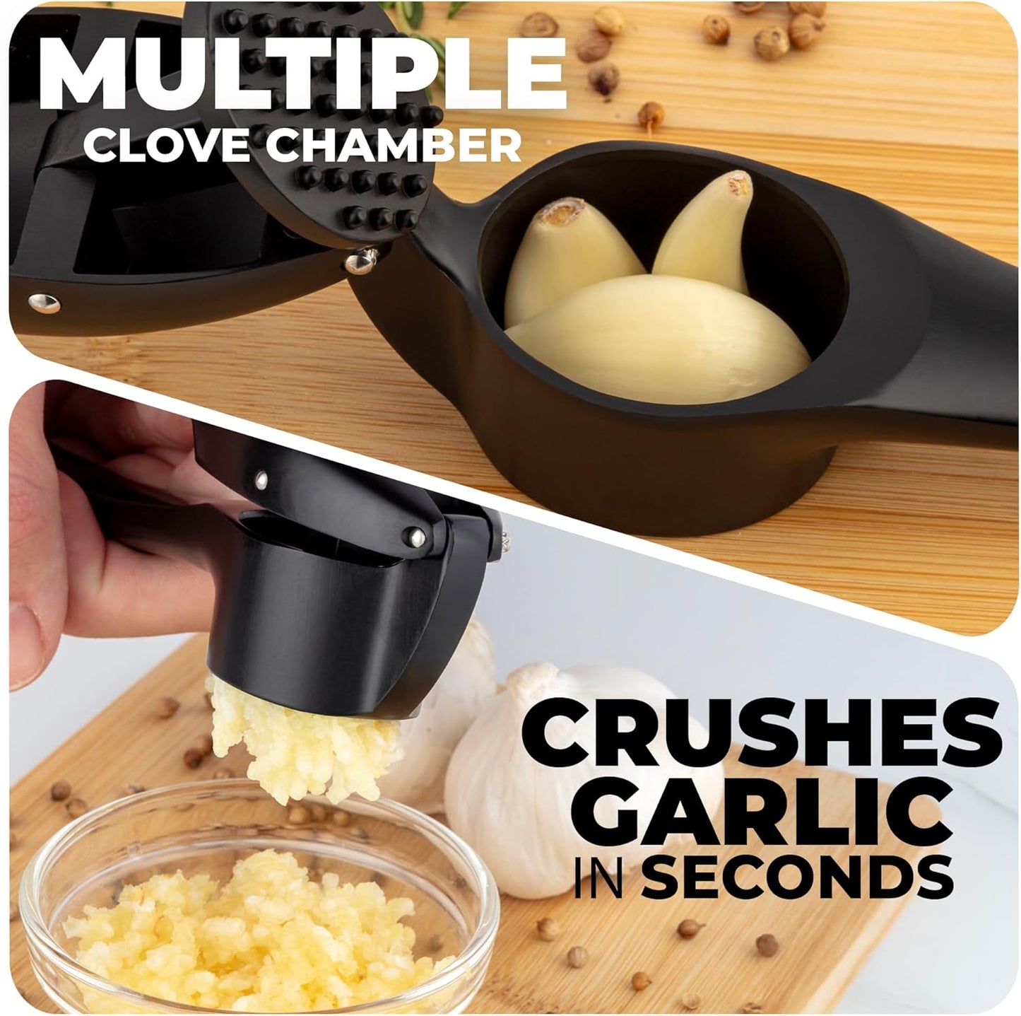 Zulay Kitchen Premium Garlic Press Set - Rust Proof Professional Garlic Mincer Tool - Easy-Squeeze, Easy-Clean with Soft, Ergonomic Handle - Silicone Garlic Peeler & Brush (Silver)