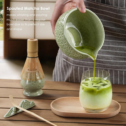 Matcha Whisk Set, Ceramic Bowl Matcha Kit & Handcrafted Bamboo Chasen, Complete 5 Pcs Matcha Set Whisk and Bowl, Stainless Steel Sifter, Bamboo Scoop & Holder for Matcha Lovers
