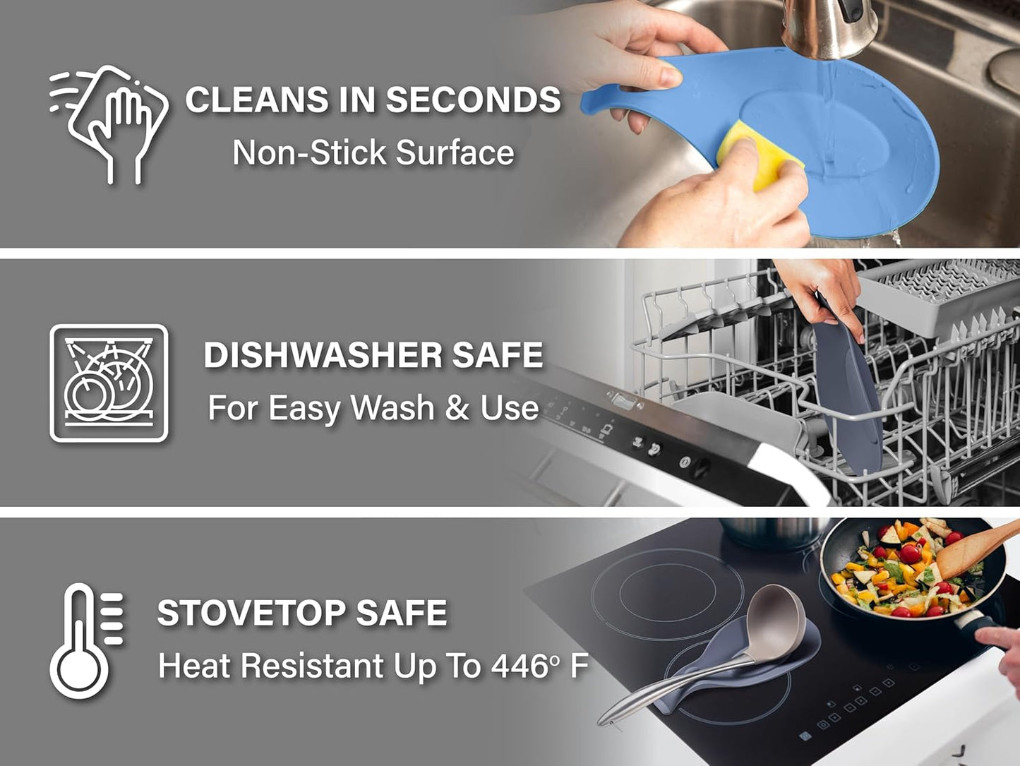 Silicone Spoon Rest for Stove Top Set of 2 – HEAT RESISTANT DISHWASHER SAFE Kitchen Utensil Holder for LARGE Utensils - Won’t Break - Non-Slip - Ideal for Glass & Induction Cooktops - for Home Cooks