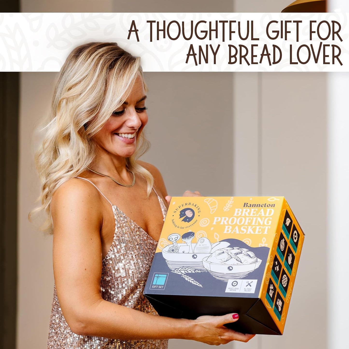 Superbaking Sourdough Starter Kit, 9" Round Banneton Bread Proofing Basket Set, Sourdough Bread Baking Supplies, Sourdough Tools with Silicone Bread Sling, Bread Making Tools, Baking Gifts