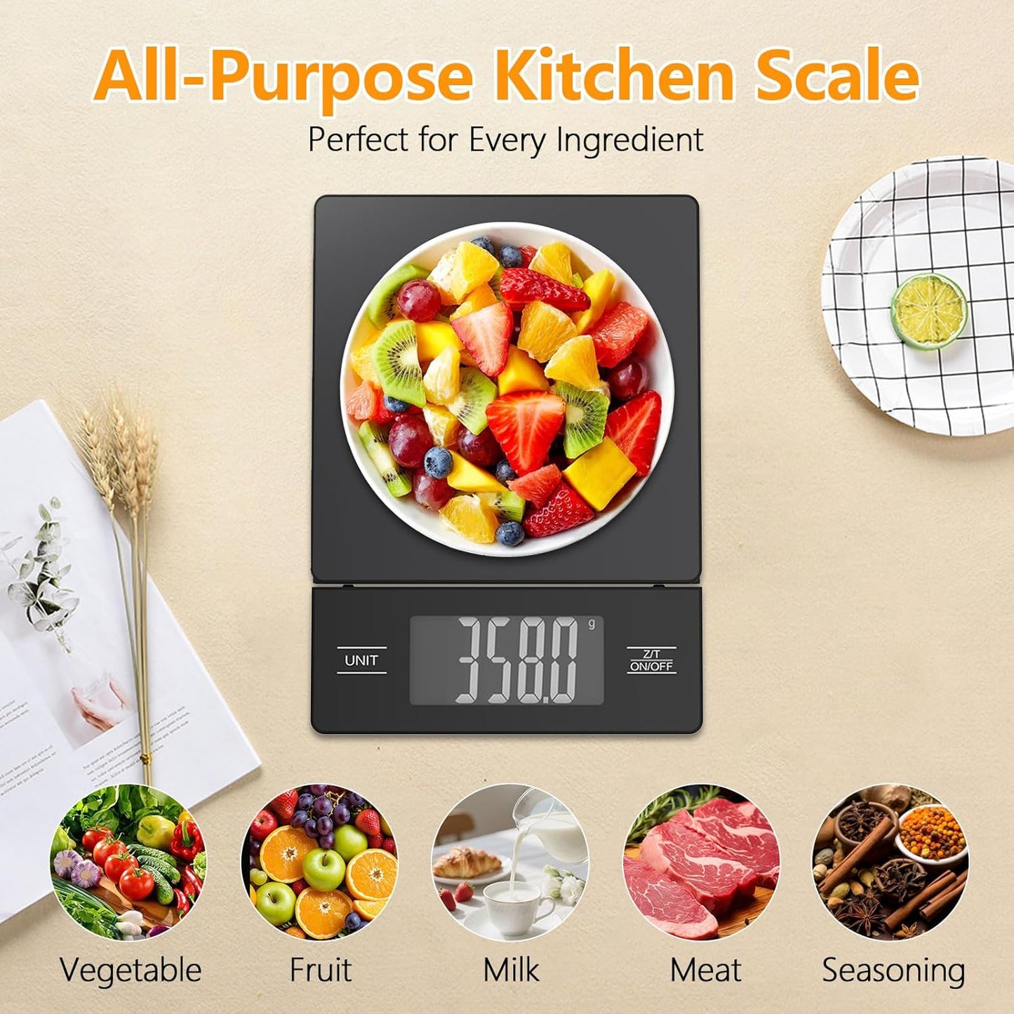 Kitchen Scale with Detachable Display Wireless Stainless Steel Digital Food Scale, 11lb/5kg, 1g Precision, Backlit LCD, Tare Function for Baking, Coffee Brewing & Cooking, Metallic/Black