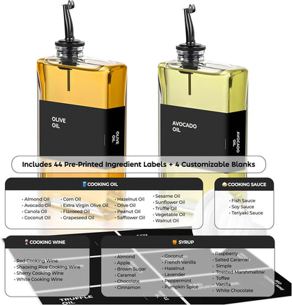 Spaceneat Olive Oil Dispenser Bottle - Includes 44 Kitchen Essential Labels - Cooking Oil Bottles for Kitchen, Coffee Syrup Dispenser - Pourer Spout with 11.8 fl oz Glass Container Cruet - 4pcs, Gold