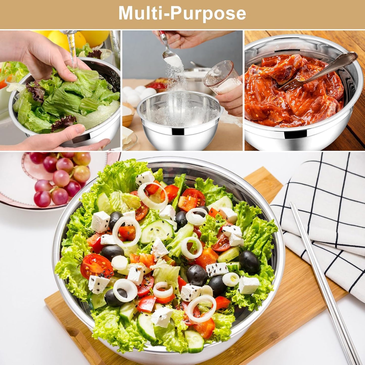 E-far Mixing Bowls with Lids, 6-Piece Stainless Steel Salad Bowls Metal Nesting Bowls for Baking Cooking and Prepping, Airtight Lids & Stackable Design, Size 4.5, 3, 1.5 QT (Black)