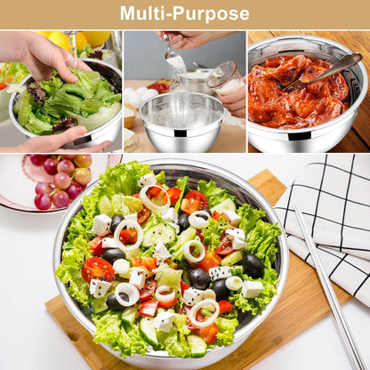 E-far Mixing Bowls with Lids, 6-Piece Stainless Steel Salad Bowls Metal Nesting Bowls for Baking Cooking and Prepping, Airtight Lids & Stackable Design, Size 4.5, 3, 1.5 QT (Black)