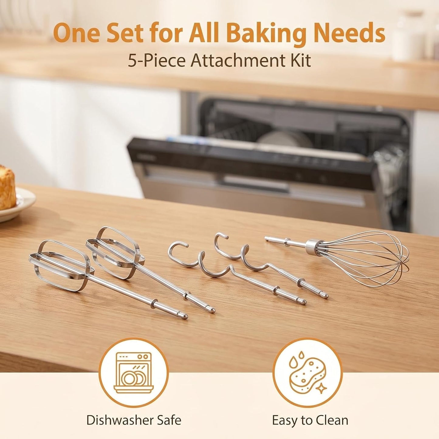 5-Pc Hand Mixer Attachments for Hamilton Beach Electric Mixers - 2 Beaters, 2 Dough Hooks, 1 Whisk, Stainless Steel Replacement Parts for Home Bakers & Chefs