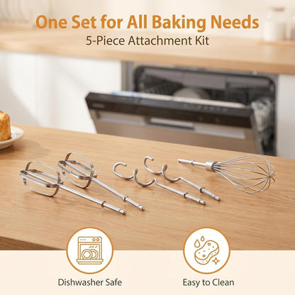 5-Pc Hand Mixer Attachments for Hamilton Beach Electric Mixers - 2 Beaters, 2 Dough Hooks, 1 Whisk, Stainless Steel Replacement Parts for Home Bakers & Chefs
