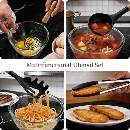 Silicone 10 Pcs Kitchen Cooking Utensils Set, Recycled Materials Certification, BPA Free Spatula Set with Heat Resistant Wood Handles for Nonstick Cookware, Cream White