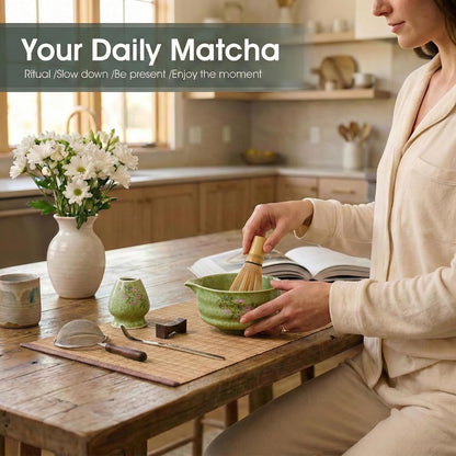 Matcha Whisk Set 7-Piece with Handmade Matcha Bowl & 100-Prong Purple Bamboo Whisk (Chasen), Complete Matcha Kit with Holder, Scoop & Rest, Bamboo Tea Mat, Gift-Ready Matcha Set