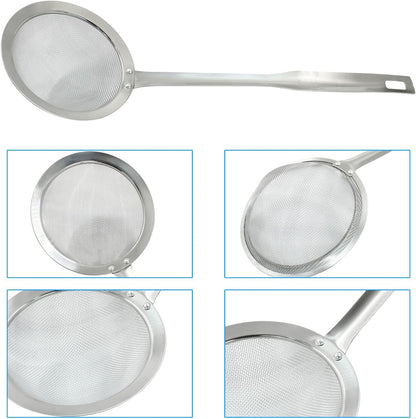Stainless Steel Fat Skimmer Spoon 14 inch Ladle Cooking Strainer Spoon Fine Mesh Stainless Steel Colander with Handle for Kitchen Cooking (DIA 4.53", Shallow Net Design)