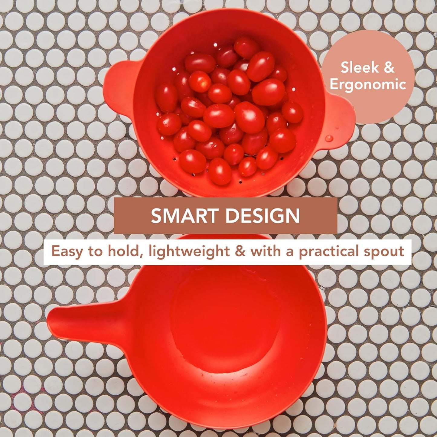 EKOBO Small Mixing Bowl and Colander Set Tomato– 60 oz BPA-Free Eco-Composite – Nesting Kitchen Mixing Bowls for Washing Mixing Serving – Compact Dishwasher Safe Kitchen Essentials